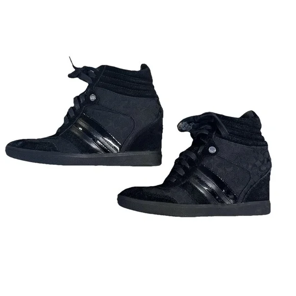Coach Alara Women's Black Signature Jacquard & Suede Hidden Wedge Sneakers 7M - Picture 1 of 9